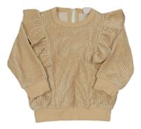 Béžovo-stříbrná žebrovaná sametová mikina s volánky hema