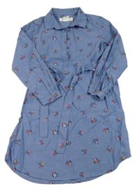 Světlemodré květované košilové šaty s páskem H&M