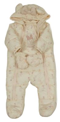 Bílá šusťáková zimní kombinéza s Minnie a kamarády a kapucí + rukavice Primark