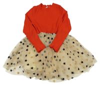 Červeno-béžové žebrované šaty s tylovou sukní s hvězdami 