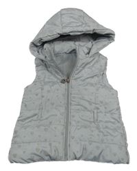 Šedá šusťáková zateplená vesta se srdíčky a kapucí 