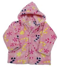 Růžová plyšová propínací mikina s lízátky a kapucí 