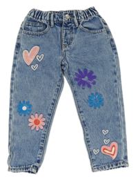 Světlemodré rifle s květy a srdíčky Shein