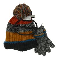 Nové - 2set - Oranžovo-šedo-žluto-modrá pletená čepice s bambulí + šedé melírované pletené prstové rukavice 