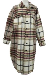 Dámský smetanovo-vínovo-šedý kostkovaný vlněný kabát 