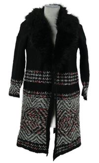 Dámský černo-šedo-červený vzorovaný svetrový cardigán s kožíškem River Island vel. 32