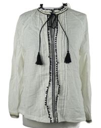 Dámská smetanová halenka s černým ozdobným lemem a vázačkou Dunnes 