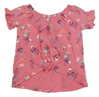 Růžové crop tričko s květinami a zavazováním