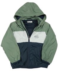 Khaki-bílo-tmavomodrá šusťáková jarní bunda s nápisem a kapucí H&M