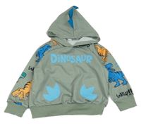 Khaki lehká mikina s dinosaury a kapucí 