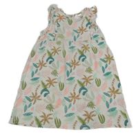 Bílo-zeleno-neonové květované bavlněné šaty s listy 