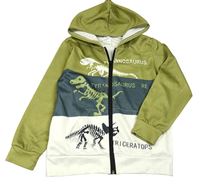 Zeleno-tmavošedo-smetanová propínací mikina s kostrami dinosaurů a kapucí
