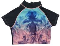 Černo-modro-růžové UV crop tričko s palmami M&Co.