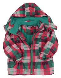 Růžovo-zeleno-bílá kostkovaná šusťáková zimní bunda s odepínací kapucí Lupilu