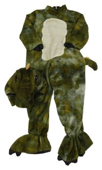 Kostým - 2set - KHaki-šedý fleecový overal + čepice - dinosaurus