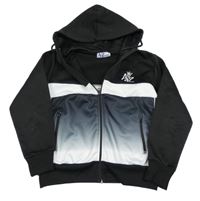 Černo-bílá propínací sportovní mikina výšivkou a kapucí