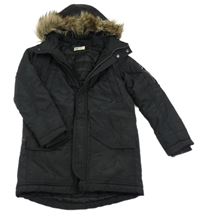 Černá šusťáková zimní bunda s kapucí s kožešinou H&M