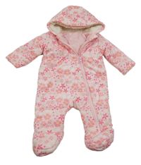 Světlerůžová květovaná prošívaná manšestrová zimní kombinéza s kapucí St. Bernard