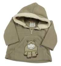 Hnědošedá fleecová mikina s kapsou s hrošíkem a kapucí 