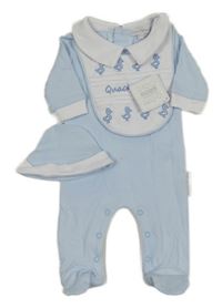 Nové - 3Set - Světlemodro-bílý overal s bryndák s kachničkami a límečkem + čepice NURSERY TIME