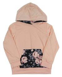 Broskvová mikina s kapsou s růžemi a kapucí 