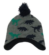 Šedá melírovaná čepice s dinosaury a bambulí