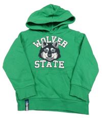 Zelená mikina s husky a nápisy a kapsou a kapucí C&A