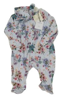 Nové - 2Set - Světlemodrý overal s kytičkami a volánky + čelenka Tu