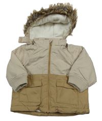 Béžovo-hnědá šusťáková přechodová bunda s odepínací kapucí s kožešinou H&M