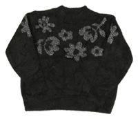 Černý chlupatý svetr se stříbrnými kytičkami Next