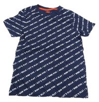 Tmavomodré melírované tričko s bílými nápisy F&F