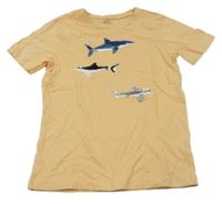 Meruňkové tričko se žraloky z překlápěcích flitrů Topolino