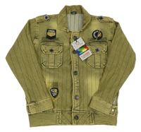 Nové - olivovo-černý melírovaný pruhovaný bomber riflového vzhledu s nášivkami a límečkem 