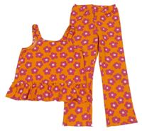 2Set - Oranžovo-tmavorůžové květované vzorované flare kalhoty + top s volánkem Matalan