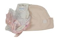 Nové - 2Set - Světlerůžová čepice H&M + bílé ponožky s mašlí a krajkovým volánkem 
