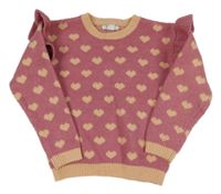 Růžovo-meruňkový svetr se srdíčky a volánky PRIMARK