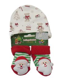 Nové - 2Set - bílá žebrovaná vánoční čepice s obrázky C&A + bílo/zeleno/červené ponožky s 3D Santou s chrastítkem 