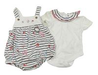 2set - Bílo-černé pruhované bavlněné laclové kraťasy s květy + bílé body s límečkem Nutmeg