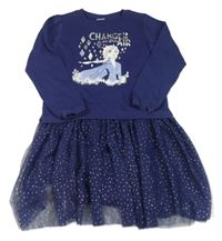 Tmavomodré teplákovo/tylové šaty s Elsou Disney