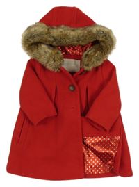 Červený flaušový podšitý kabát s kapucí s kožešinou Mothercare