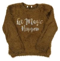 Hnědý třpytivý chlupatý svetr s nápisem z flitrů