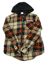 Béžovo-černo-oranžová kostkovaná košile s nápisem a kapucí Chapter young