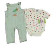 Nové - 2set - Světlezelené žebrované laclové tepláky s červem + smetanové body s ovocem