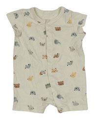 Smetanový bavlněný kraťasový overal se zvířaty