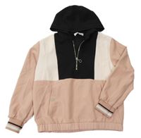 Pudrovo-světlebéžovo-černá šusťáková bunda s kapucí Zara