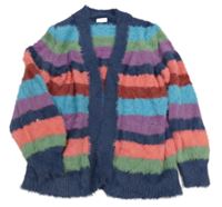 Tmavomodro-barevný pruhovaný chlupatý svetrový cardigan Next