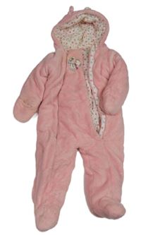 Růžová chlupatá zateplená kombinéza se zebrou a kapucí