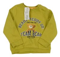 Nové - žlutozelená mikina s nápisem a medvědem F&F