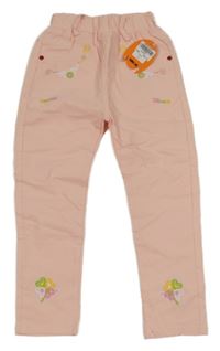 Nové - světlerůžové lehké šusťákové kalhoty s výšivkami 