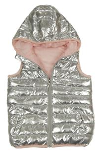 Stříbrná šusťáková prošívaná zateplená vesta s kapucí Kiki&Koko
